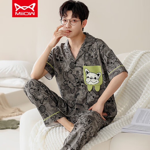 Catman MIIOW men's pajamas summer pure cotton short-sleeved trousers spring and summer thin simple large-size cardigan home clothing set:An693 L men