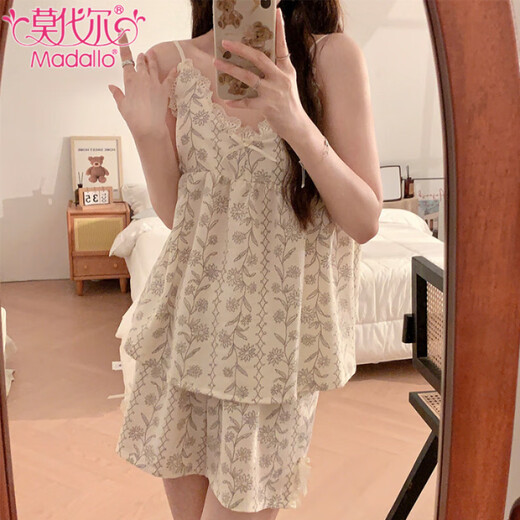 
Modal pajamas with breast pad for women in summer new lace lace suspender shorts suit sweet girls can wear home clothes outside 6669-1# Little Flower L
