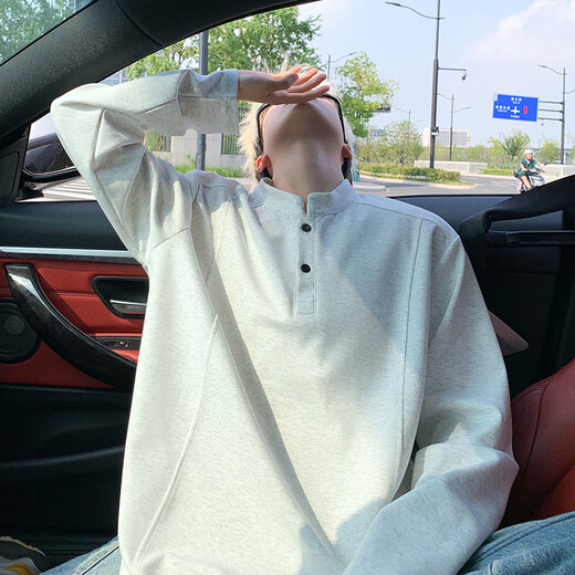 Goudreau American Henry Collar Sweatshirt Men's Autumn New Youth Stand Collar Right Shoulder Bottoming Shirt Business Casual Long Sleeve Top White Gray M
