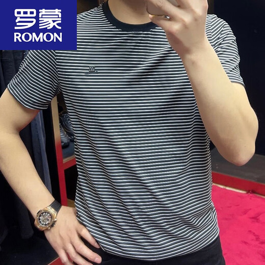 罗蒙（ROMON）2025年夏季新品圆领条纹短袖男士T恤休闲半袖修身打底衫运动t恤潮 9901黑色 M 建议90-115斤