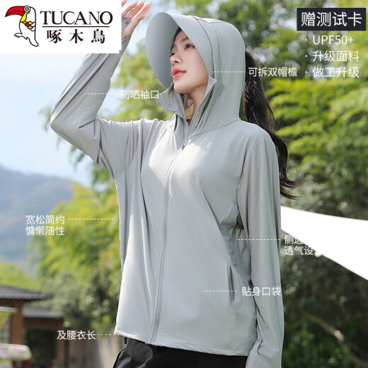 Holzspecker Ice Seide Kapuze-Sonnenschutzkleidung für Frauen 2025 Neue Sommer Dünne Sonnenschutzkleidung lose Strickjacke schultertrockne Style-Grey frei UPF50+ Testkarte m