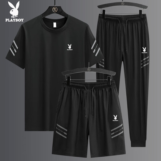 Playboy (PLAYBOY) high-end casual sports suit men's summer ice silk thin loose fast drying breathable short sleeve two-three pieces set GF1389 white shorts two-piece set 5XL (suitable for 185-200 Jin [Jin equals 0.5 kg])