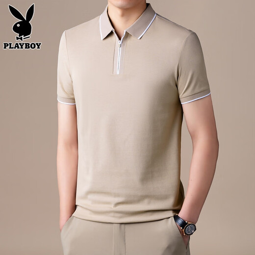 花花公子（PLAYBOY）高端半拉链Polo衫男士短袖t恤夏季新款宽松冰丝半袖上衣服男T舒适 FYMB9276草绿色 3XL 【161-170斤】
