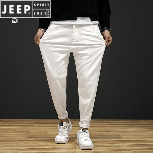 JEEP SPIRIT spring white jeans men's trendy brand loose elastic trousers Korean style trendy men's pants Harun casual pants CAY867 white 34 suitable for 165 Jin [Jin equals 0.5 kg]