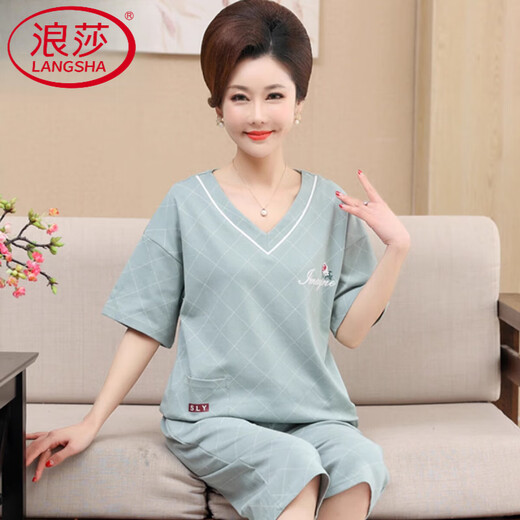 
LangSha pajamas for women in summer cotton short-sleeved cropped pants middle-aged and elderly mothers in summer thin style can wear two-piece set of home clothes blue cotton-NXF9856 M [80-100Jin [Jin equals 0.5 kg]]