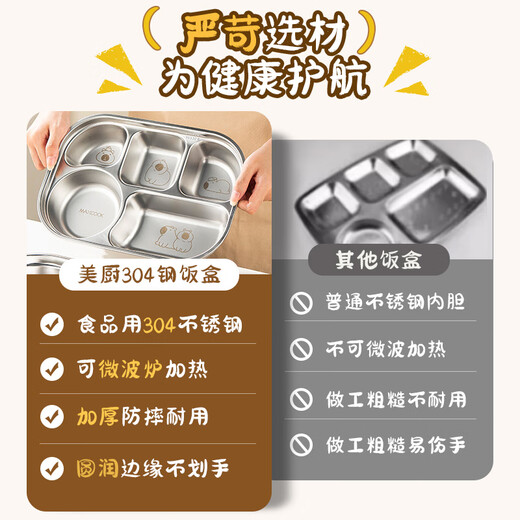 MAXCOOK 美厨316L不锈钢分格饭盒可微波炉分格餐盘带盖便携外带学生饭盒上班族 【304钢】5格带盖 卡皮 MCWA7374