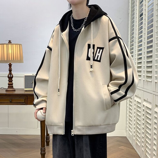 An Chuxia hooded baseball uniform jacket suit men's spring and autumn complete set with jeans men's student three-piece trendy three-piece hooded baseball uniform khaki + black T + denim XL number recommended 125-140Jin Jin equals 0.5 kg