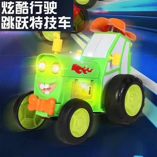 儿童电动火车拖拉机特技车遥控车男孩魔性别舞蹦跳四驱汽车玩具车 绿色 双电套餐每车2个锂电池