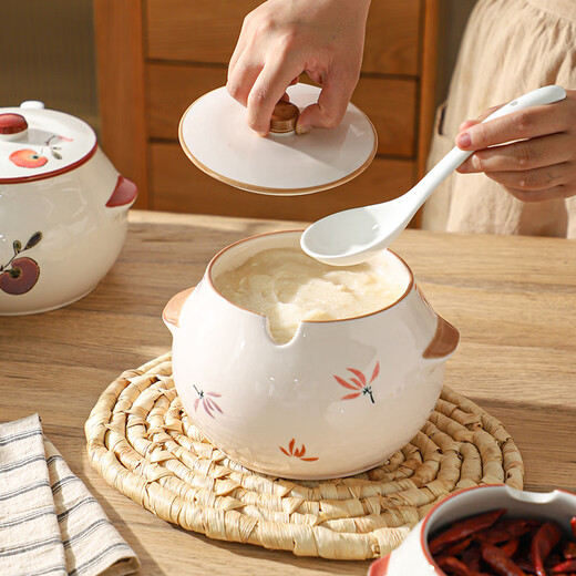 Sheli ceramic lard can with lid, high temperature resistance, household oil pot with lid, oil pot, seasoning jar, chili oil special medium lard pot 880ML - lotus style, with lid and spoon | can pour boiling oil