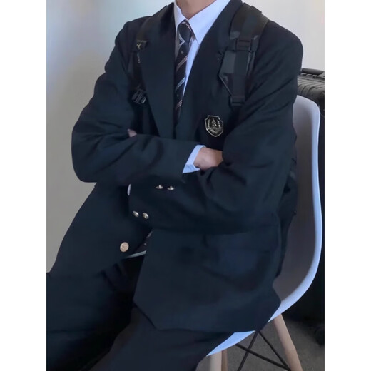 Lu classmate boys dk uniform suit suit loose handsome spring and autumn photo performance class uniform suit jacket trendy navy blue (suit/shirt/tie) XL