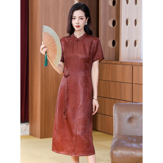 Homesee overseas light luxury high-end dress silk fragrance cloud sao girl temperament waist-hugging and looking slim retro noble lady mulberry silk red L