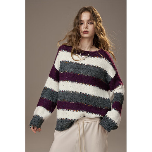 Fairy's Pocket Sequin Striped Contrast Color Sweater Women's 2025 Autumn and Winter New Lazy High-Quality Wool Sweater College Stripe Yellow M