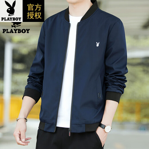 Playboy (PLAYBOY) pure cotton jacket men's spring and autumn casual thin breathable baseball uniform versatile slim top middle-aged men's jacket 2030 black (spring and autumn) 2XL 135-150Jin Jin equals 0.5 kg