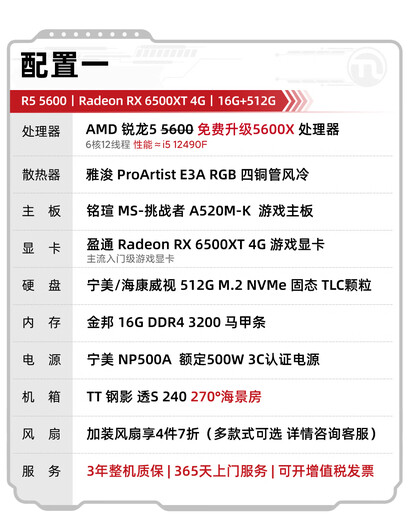 Ningmei AMD R5 9600X/RTX5060/7650GRE graphics card e-sports gaming desktop computer host design rendering DIY assembly computer assembly machine 5600+6500XT | Configuration 1