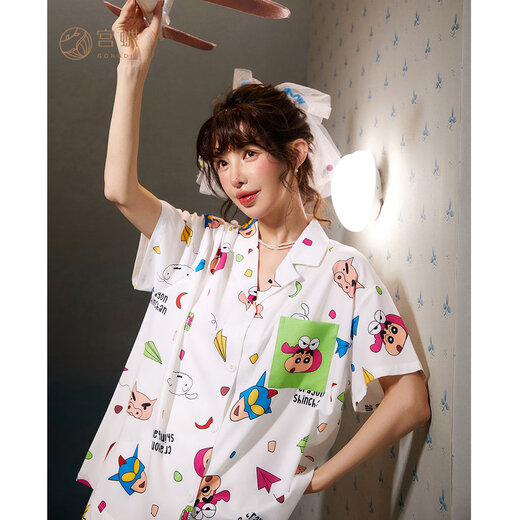 Gongdie Gongdie 3-piece set Crayon Shin-chan couple pajamas for women summer ice silk short-sleeved long-sleeved home clothes set for men