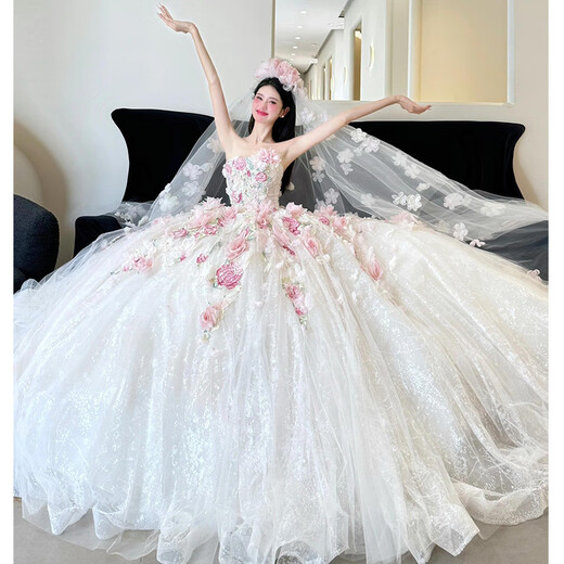 Tubeless main wedding dress bride 2025 new style petite fugitive princess wedding veil light pink flower dress three-dimensional flower floor-length style (comes with veil skirt support S