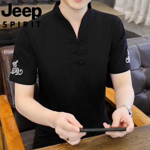 JEEP SPIRIT吉普冰丝短袖t恤男士新款男装中国风V领半袖夏季薄款中式盘扣体恤 E9871黑色 (冰丝滑料) 5XL