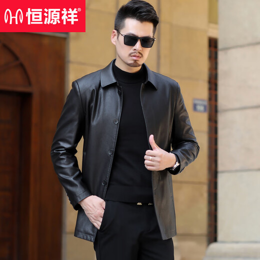 Hengyuanxiang middle-aged and elderly men's leather jacket spring and autumn thin 40-year-old 50-year-old dad winter velvet thickened leather jacket men's 9907 black thin XL 180 suitable for 130 to 150 Jin Jin equals 0.5 kg