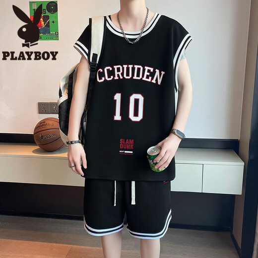 Playboy (Playboy) Traje de baloncesto de secado rápido de seda de hielo para niños, estudiantes de secundaria, camisetas, adolescentes, camisetas de chaleco deportivo de verano, LBD-TZ6173 Negro (Tops + Shorts) M 75 a 105 Jin [Jin equivale a 0.5 kg]