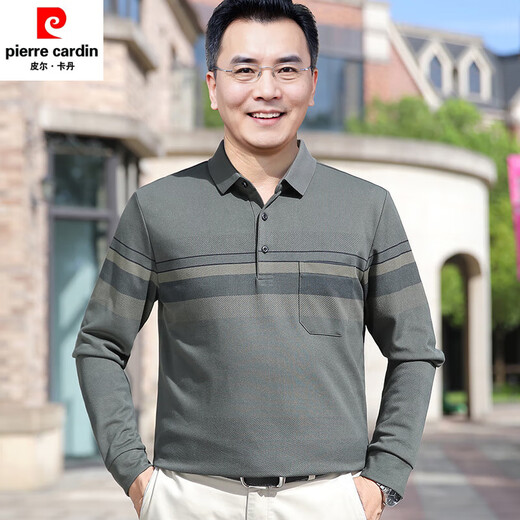皮尔卡丹（pierre cardin）中老年男士爸爸装5AT恤秋季上衣翻领休闲条纹长袖POLO衫男装 2691浅蓝色 M 建议【100-120斤】高端轻奢抗皱免烫