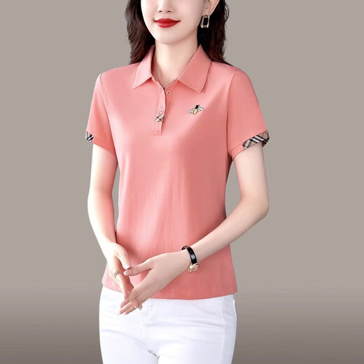 中年妈妈装气质翻领polo衫女士t恤短袖洋气夏季新款显瘦宽松上衣 YB-833粉色 2XL 【建议125-140斤】
