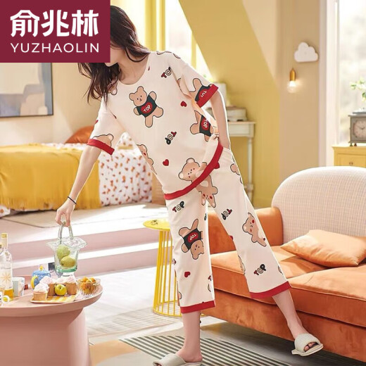 俞兆林（YUZHAOLIN）睡衣女夏季纯棉短袖七分裤套装舒适透气可外穿韩版可爱家居服薄款 七分裤：677多彩鸭 女XL码【110-125斤】