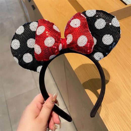 ENRMIIV Cartoon Children's Sequined Minnie Headband Runaway Princess Headband Disney Photo Hair Accessory Hair Washing Hair Clip Full Sequined Polka Dot Red Bow - Filled with Cotton
