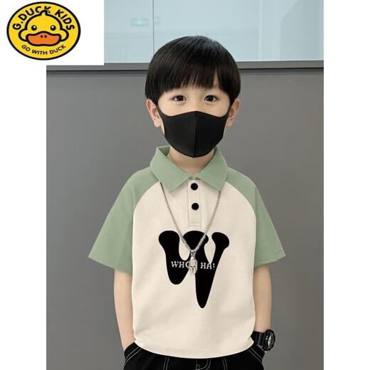 G.DUCKKIDS纯棉POLO衫短袖T恤儿童夏季新款中大童宽松拼接帅气翻领男孩上衣 674笑脸-绿杏-POLO衫纯棉品 120