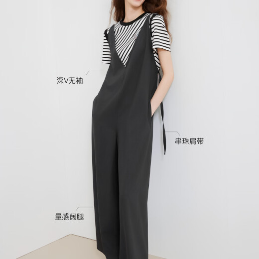 ELLE深灰色无袖V领连体裤女2025夏季新款设计感宽松通勤阔腿裤子 深灰 M