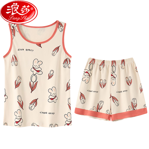 浪莎睡衣女夏季纯棉背心无袖短裤女士带胸垫薄款套装可外穿甜美家居服 带胸垫背心短裤YW1105 M