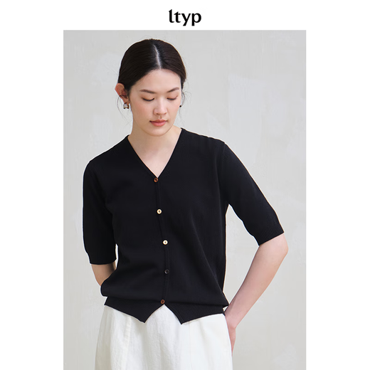 Original travel ltyp fake placket sweater new minimalist and versatile casual V-neck pullover short-sleeved top for women autumn classic black S