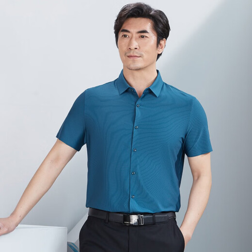 红都夏季新款短袖衬衫男薄款条纹锦纶面料中年男士爸爸装半袖衬衫 邦芷青tm6630-1 均码 170/88A