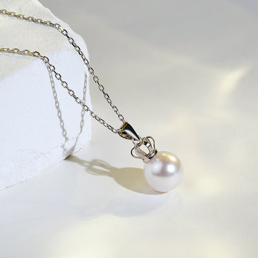 Tahiti Akoya Pearl Pendant Crown Style 18K Gold Necklace Highlight Seawater Pearl Collarbone Necklace Gift 18K White_akoya Pearl Pendant + 18K Gold Chain 8.5-9mm