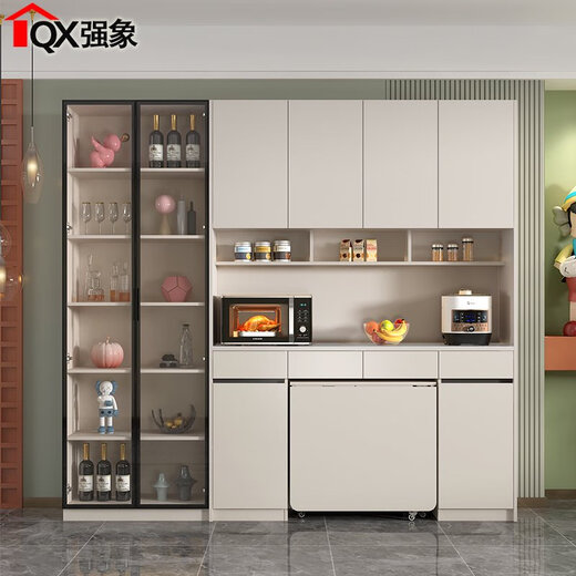 Qiangxiang creamy stone siding sideboard high cabinet integrated wall multi-function storage wine cabinet folding dining table custom G149 style 191400*800*756 6MM rock siding table double doors