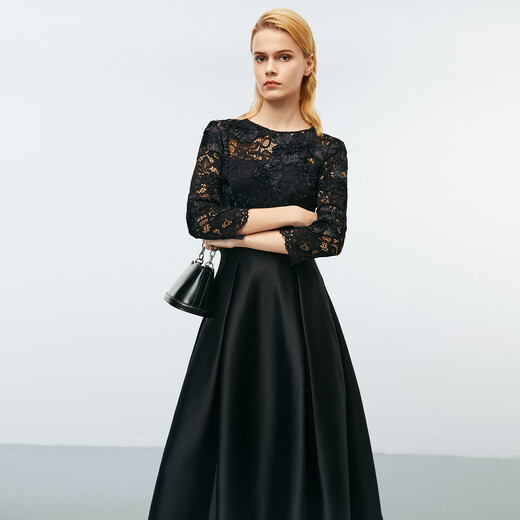 
EITIE Heavy Industry Hollow Lace One-Shoulder Satin Skirt Hem Banquet Dress 2025 Autumn and Winter New Style 7977607 Minimalist Black 20 2XL (175)
