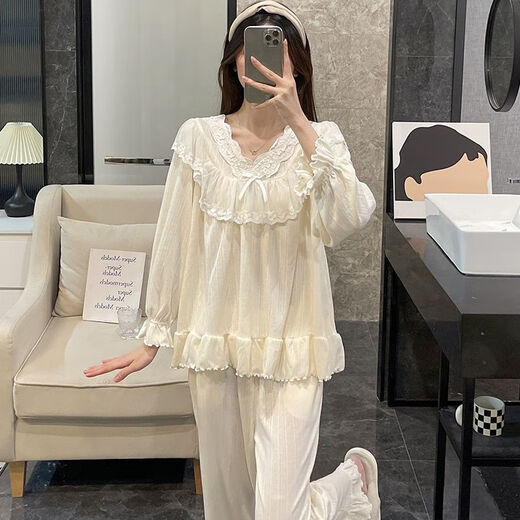 雅鹿蕾丝花边长袖睡衣女新款春秋季纯棉甜美公主风学生休闲家居服套装 KYX-9904#杏色(双长) M