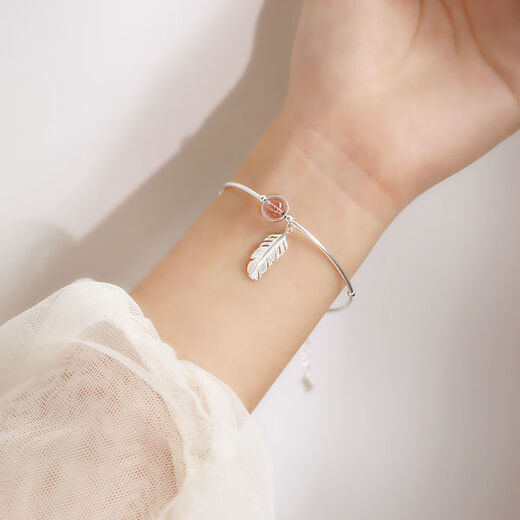 FVIP Old Phoenix 999 Sterling Silver Peach Blossom Strawberry Color Beads Pink Crystal Feather Pendant Bracelet Bracelet for Women S925 Sterling Silver Strawberry Crystal Feather Bracelet
