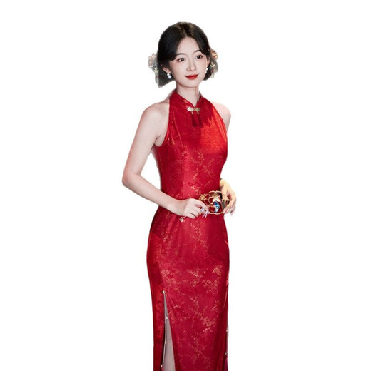 自由姑娘红蕾丝长款挂脖露肩性感婚宴旗袍敬酒服2025夏新款新娘订婚旗袍裙 红蕾丝挂脖11303 2XL