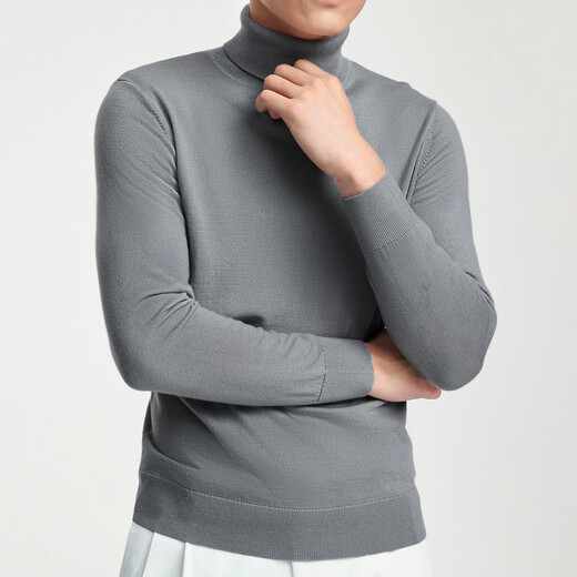 By Creations 14-pin pure wool machine-washed turtleneck pullover sweater for men's lightweight and micro-stretch casual warm knitted base shirt light gray (turtleneck) XL