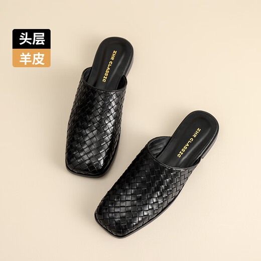 ZHR头层羊皮拖鞋女夏季复古穆勒风半拖女外穿通勤女鞋 S677 尊贵黑36