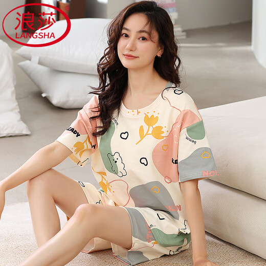 Langsha Pajamas de alta gama para mujeres en verano delgada de algodón puro de algodón puro estilo princesa linda se puede usar afuera con juego de ropa para el hogar de gran tamaño LS5009 Set corto M Peso de las mujeres 70-95 Jin [Jin equivale a 0.5 kg]