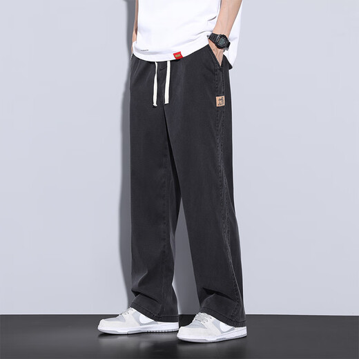 Qishi Dog (QIJUNGOU) Tiansi Jeans Men's Summer Style Straight Loose Wide Legs Sliding Sports Ice Silk Casual 1048 Black M (Size 28-29)