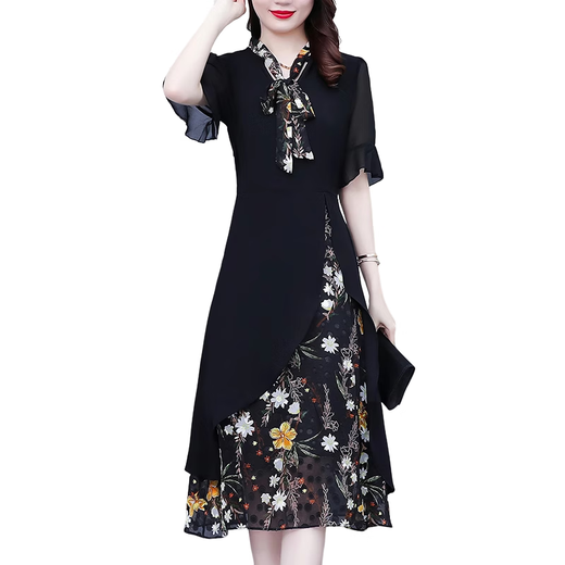 Homesee light luxury international high-end brand dress fake two-piece chiffon dress girl middle-aged mother dress style dress covers belly black L