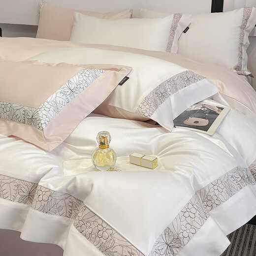 Hengyuan high-end 100-count long-staple cotton solid color bed four-piece set Class A pure cotton quilt cover quilted fitted sheet high-end Nolan-white powder fitted sheet 1.8m quilted four-piece set