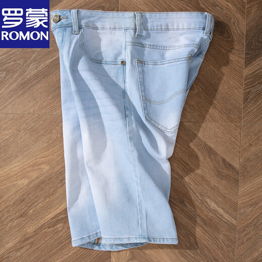 
Lomon summer thin men's slim blue and white denim shorts men's grinding white 5-point pants mid-trousers breeches jeans trend 9921-5 retro blue 28