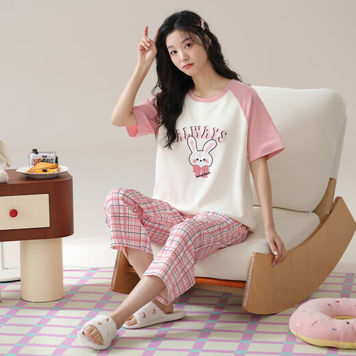 Pajamas en velours arctique pour les femmes en été en été coton pur en V V pantalon recadré à manches courtes lâche et décontracté peut être porté à l'extérieur de la maison de vêtements de printemps T-9855 (costume court) M (80-100jin [Jin est égal à 0,5 kg]))