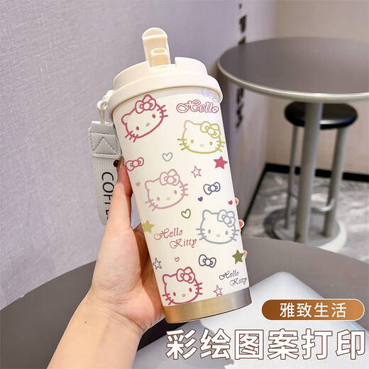 三栖虎卡通凯蒂猫保温杯不锈钢学生高颜值办公咖啡杯大容量水杯 【食品级不锈钢】古董白-BXAB13782KT猫 201不锈钢+内胆+不锈钢