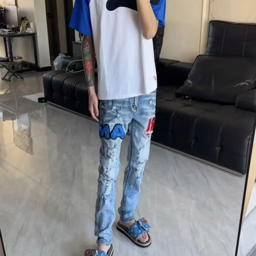 GXMY American High Street Internet Berühmtheit Gleicher Stil hochwertiger AM-Buchstaben gestickt Jeans Männer vielseitig Slim Fit Micro-Flare Straighthose 723 Jeans S S
