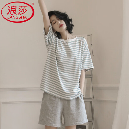 Langsha High-End 2025 New Pyjamas für Frauen im Sommer Pure Cotton Kurzärärmelte zweiteiliger Anzug Sommerstreife Home Clothing 9856 M [Empfohlen 75-90 Jin [Jin gleich 0,5 kg] tragen]