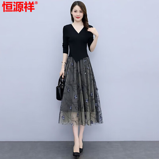 Hengyuanxiang yarn dress for women Spring and Autumn 2025 new summer high-end exquisite luxury brand temperament celebrity fake two-piece suit Black XL recommended 115-125Jin [Jin equals 0.5 kg]